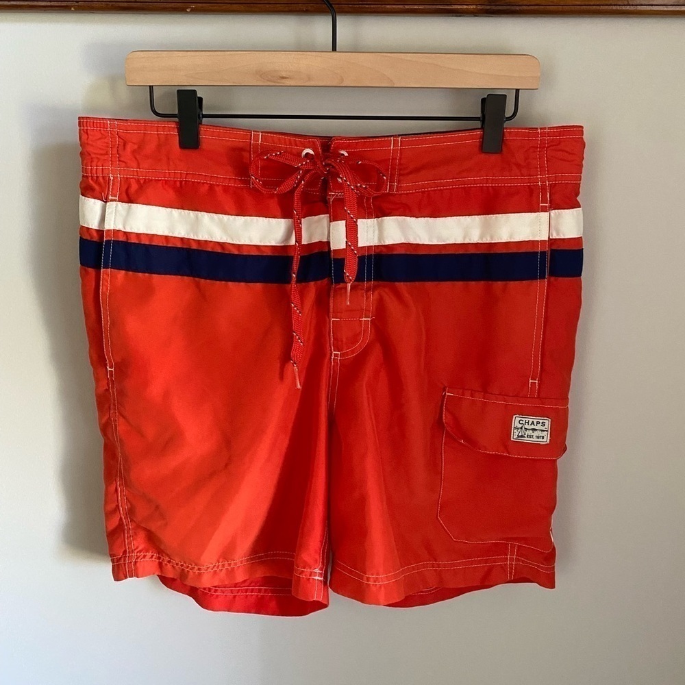 Chaps Men's Elastic Waist Tie Closure Mesh Liner Pockets Red/Orang Swim Trunks M